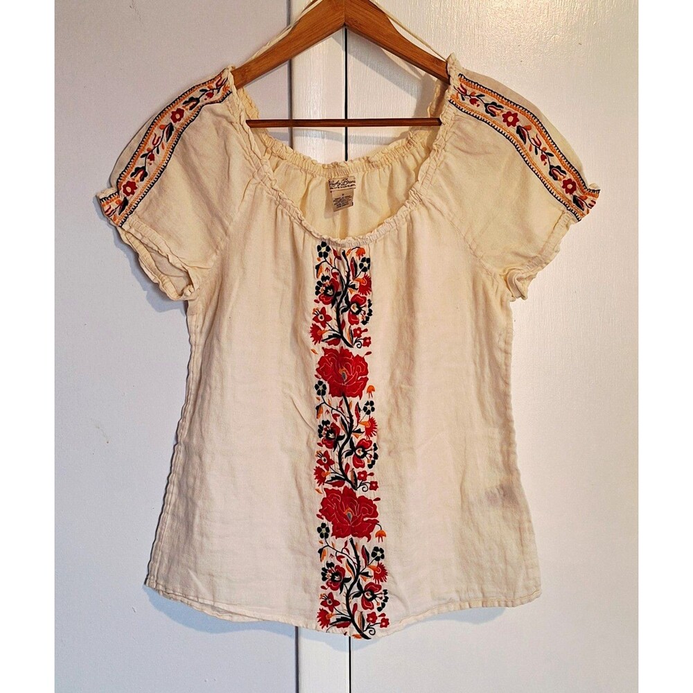 Lucky Brand women's Ivory floral embroidered Bohemian Top scoop neck Size Small